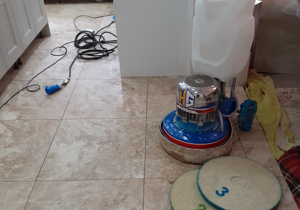 Kitchen floor tiles with built-up grime and dirt that needs expert attention